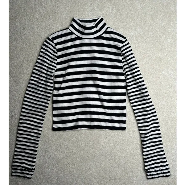 Aerie: Black and White Striped Waffle Mockneck Long Sleeve - Image 2