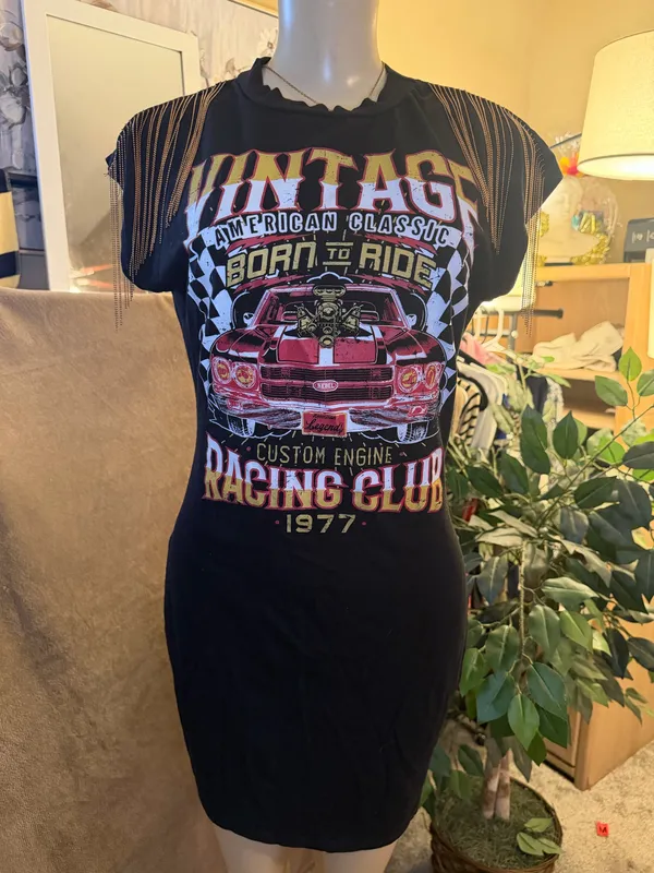 Vintage Racing Club Graphic T-Shirt Dress Fringed Shoulder Size L - Image 3