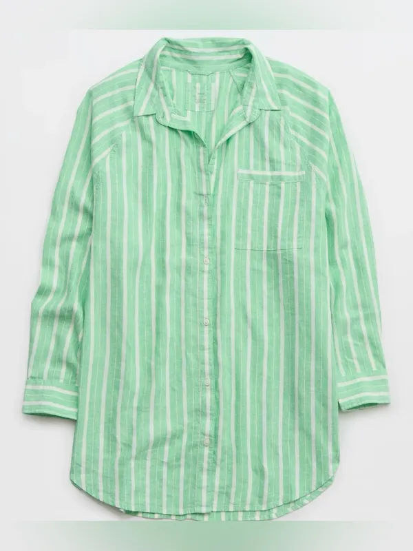 Aerie Green White Striped Linen Blend Coverup Button-Up Shirt - size L - Image 14