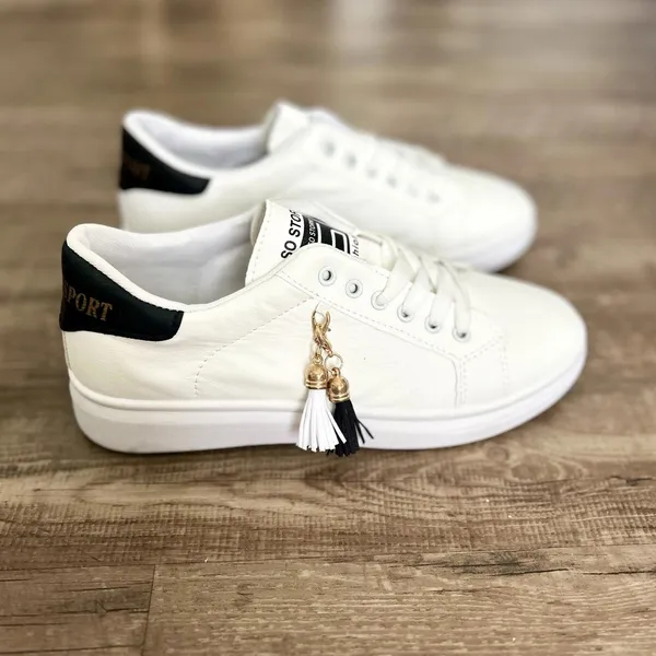 White & Black Women’s Casual Sneakers with Tassel Embellishment Size 7 US - Image 3