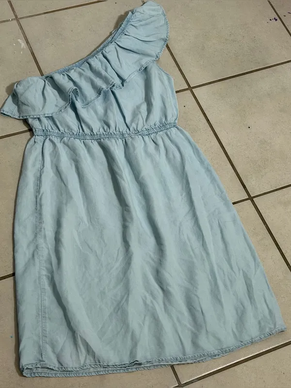 Old Navy Women Chambray‎ Spring Light Blue One-Shoulder Ruffle Dress size S - Image 6