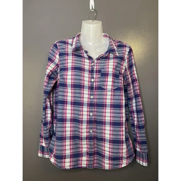 Gap Shirt Womens Small Blue Pink Boyfriend Plaid Long Sleeve Button Front Top - Image 2