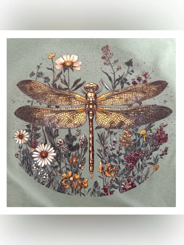 Gildan Botanical Dragonfly Graphic Oversized Tee Shirt Vintage Style Sage Womens Large - Image 3
