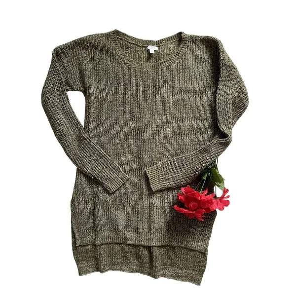 Women's Olive Green Knit Sweater Dress M Cotton Blend Long Sleeve High Low Hem - Image 2