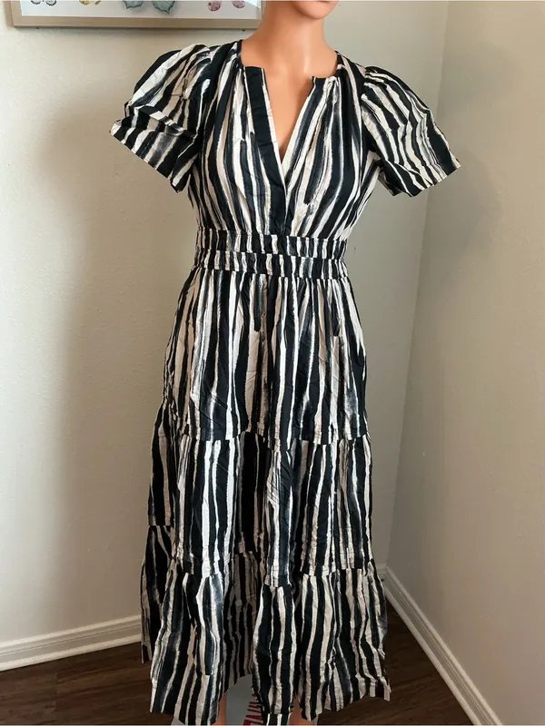 Anthropologie XS Black White Stripe Maxi Dress Cotton Pockets - Image 4