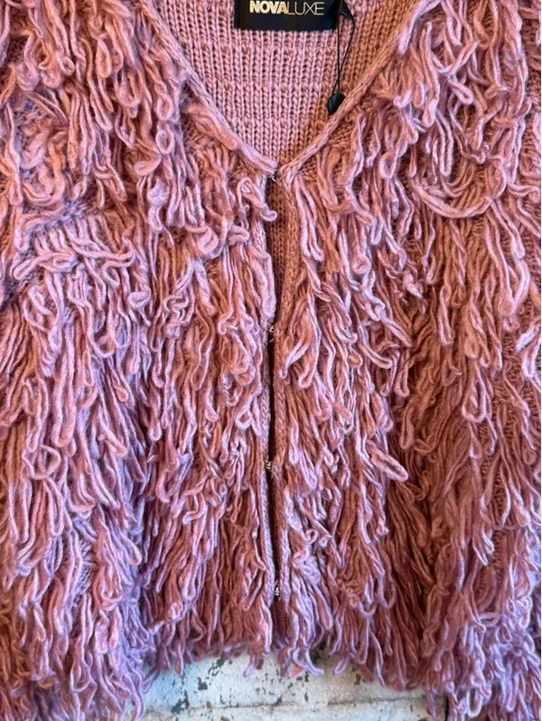 NWT Novaluxe Barbiecore pink shaggy fuzzy sweater Cardigan size medium - Image 2