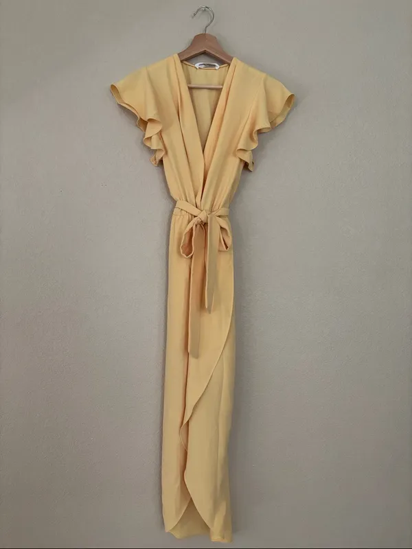 Amanda Uprichard Martinique Yellow Wrap Dress With Flutter Sleeves and Tie Waist - Image 2