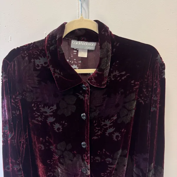 Vintage Carol Anderson California Burnout Velvet Floral Blouse Top Burgundy Lg - Image 4