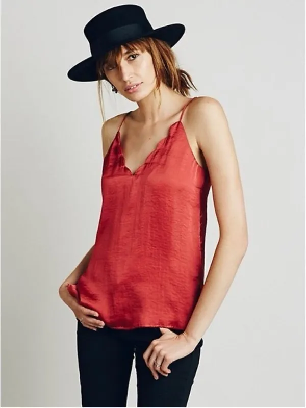 Free People • Sensual Satin Scallop Deep V Cami top tank Burnt Earth rust red - Image 3
