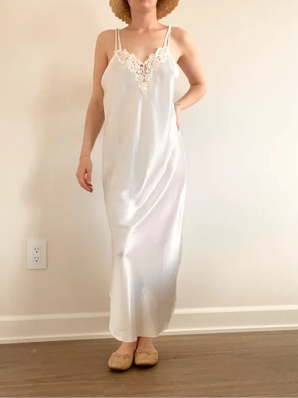 Vintage Cream Lace-Trim Satin Maxi Slip Dress - Image 2