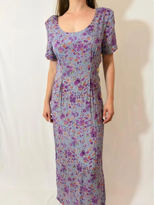 Retro Light Purple Floral Vintage Rayon Prairie Picnic Casual Dres - Image 6