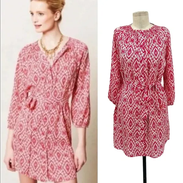 Anthropologie Maeve Ikat Shirt Dress‎ Mini Tie Belt Print Pink White Size XS - Image 2
