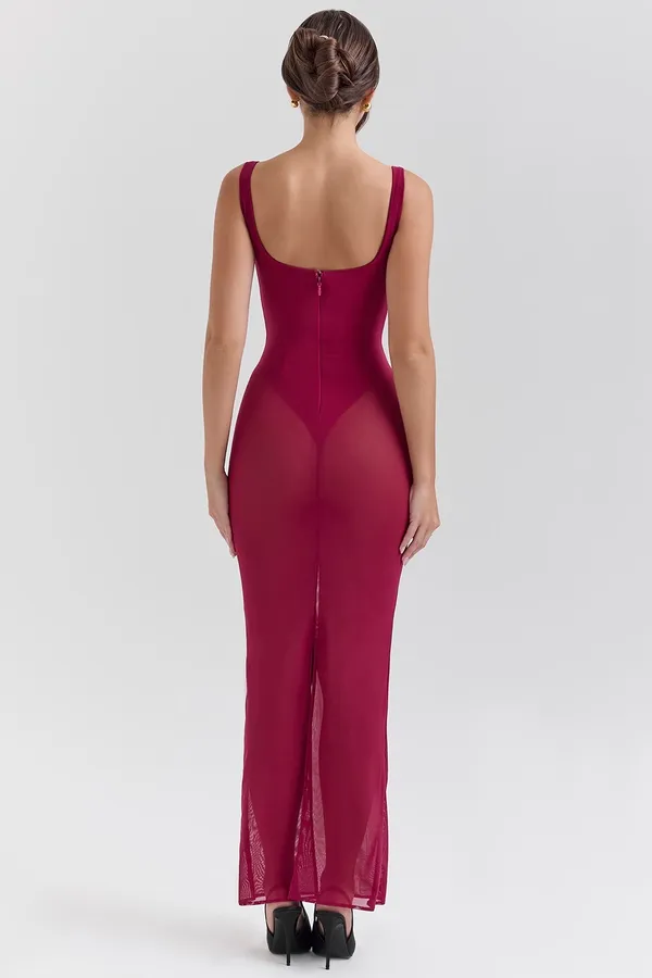 House of CB Robina Wine Stretch Mesh Maxi Dress - Image 4