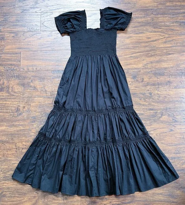 Anthropologie O.P.T. • Daphne Square Neck Smocked Maxi Dress black cotton poplin tiered - Image 2