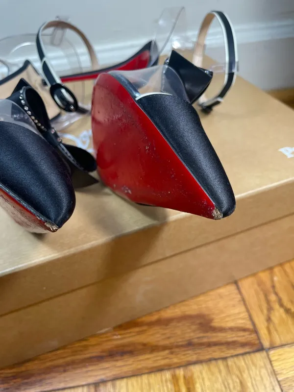 Christian Louboutin Black Naked Bow 100 Satin/Pvc/Patent Leather Pumps EU 41 - Image 7