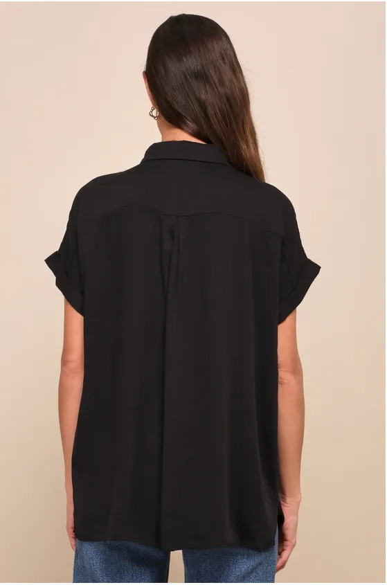 Lulus Black Short Sleeve Button-Up Top - Image 2