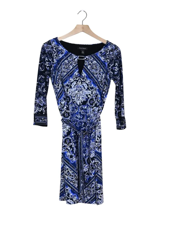 WHBM Women's XS Blue Black Blouson Patterned Keyhole Belted Mini Dress - Image 3