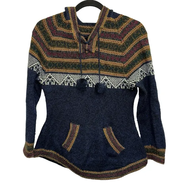 Alpaca‎ Boho Fair Isle Hooded Sweater Pullover w/ Pockets Cozy Festival Style - Image 2