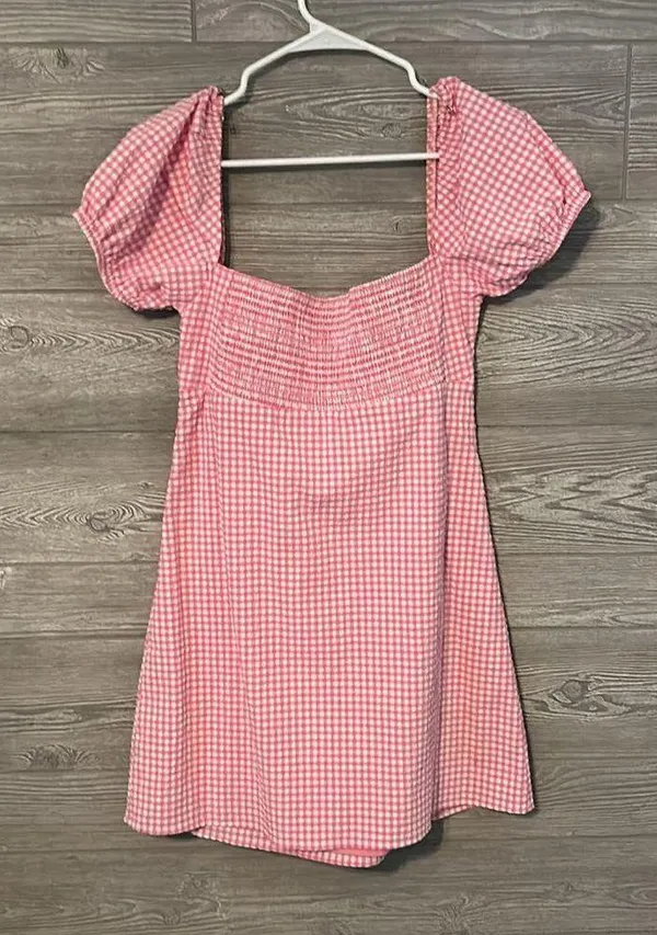 ZARA PINK GINGHAM DRESS size large - Image 4