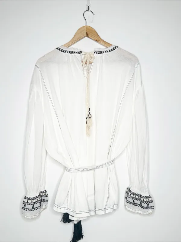 Free People On Holiday Embroidered Sash Waist Blouse White Size Small - Image 8