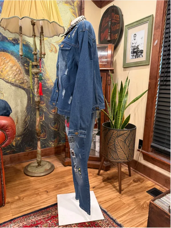 K Jordan 2pc Denim Set Plus Sz 3X Jacket 24W Jeans Leopard Rose Distressed Queen - Image 5