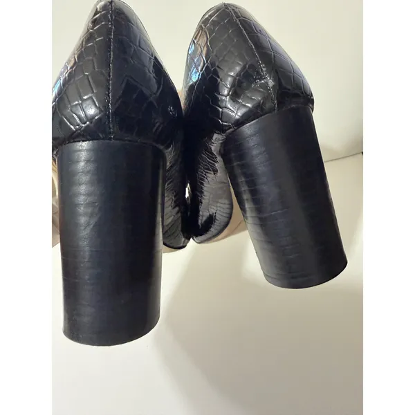Tahari Elvira Size 8M‎ Black Suede Croc Embossed Block Heel Pumps Pointed Toe - Image 9