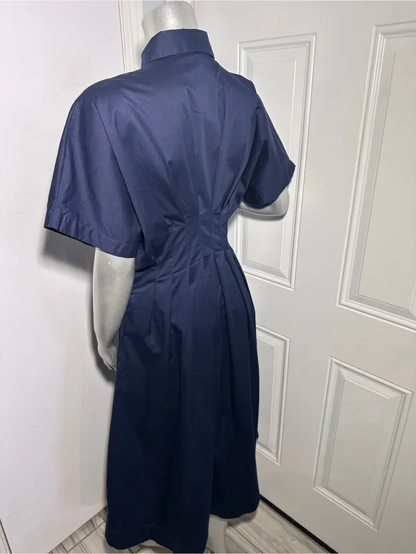 Quince Stretch Cotton Poplin Pleated Midi Shirt Dress Deep Navy Womens Size S - Image 4