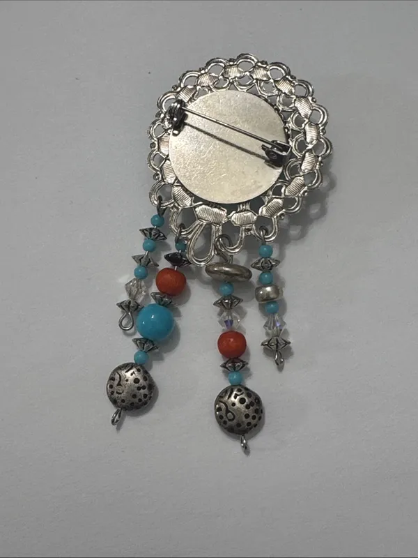 Vintage Turquoise& Coral Dangle Brooch — Silver-Tone Women’s Jewelry - Image 2