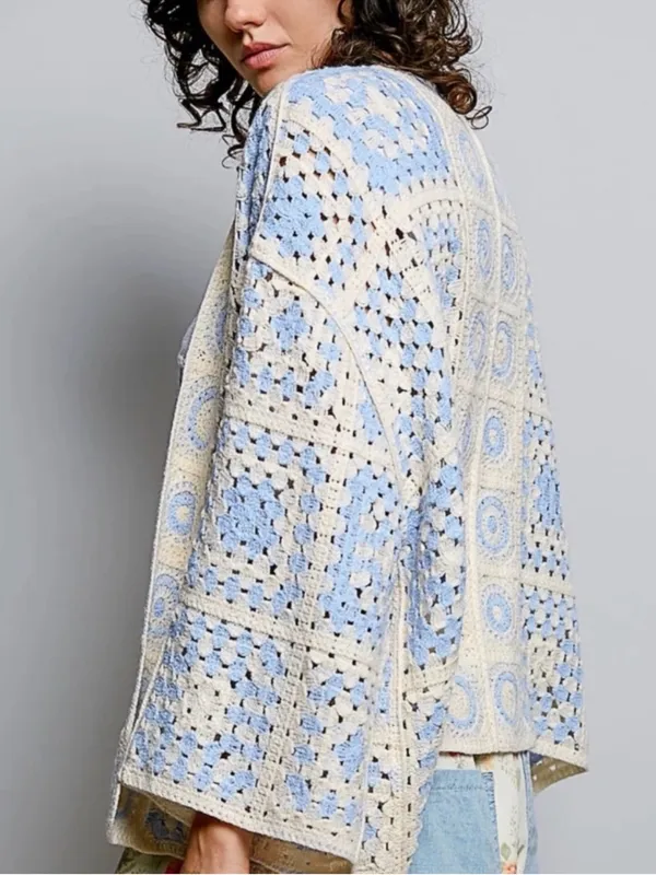 POL Blue Crochet Granny Square Knit Open Cardigan - Image 2