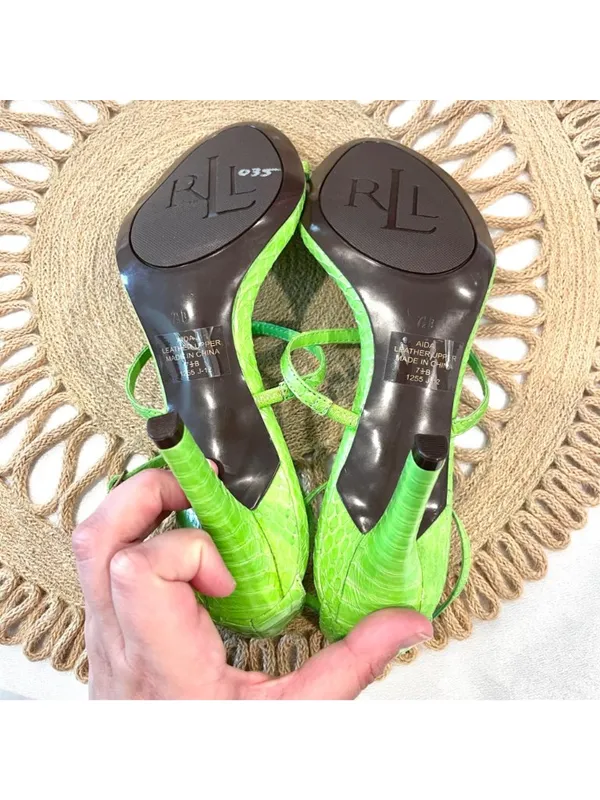 NWOT Lauren Ralph Lauren Green Leather Aida Open Toe Strappy Heels Size 7.5 - Image 11