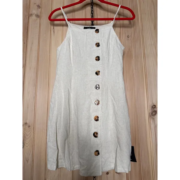 NWT Lulus Chic Objective Light Beige Button-Front Mini Dress Linen Neutral Sz XS - Image 2