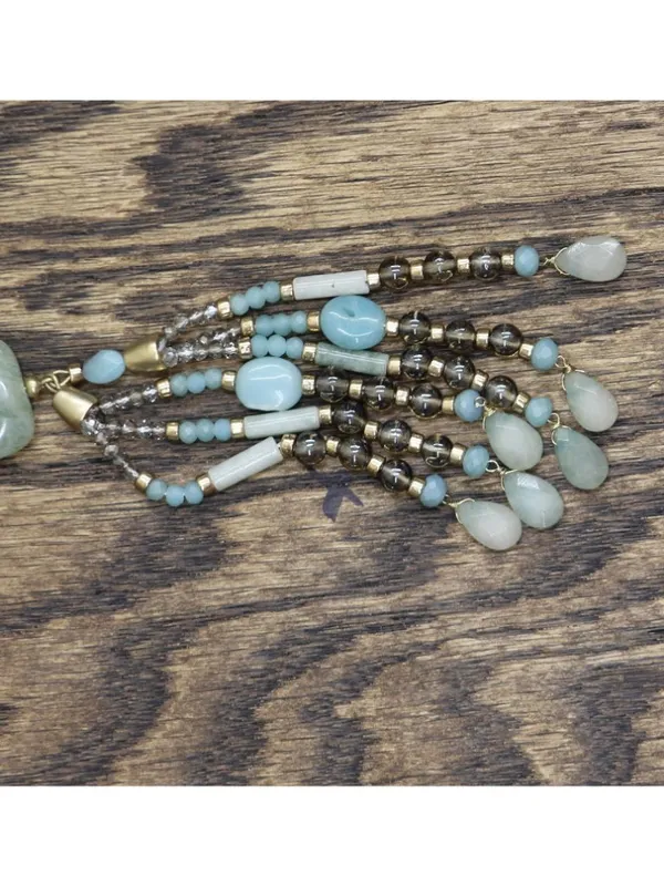 Tassel Pendant Necklace with Faux Leather Cord Tan Brown / Blue Multi 28" - Image 3