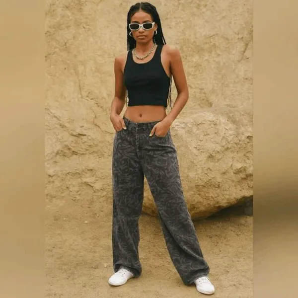 No Fear x H&M Baggy Wide-leg Black Gray Printed Y2K Style Jeans XS/0 - Image 9