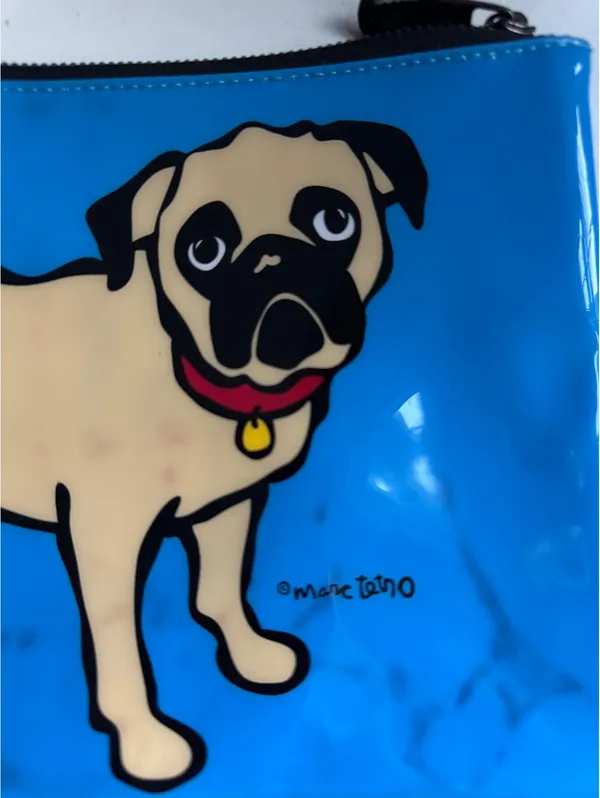 Marc Tetro Pug Dog Blue Vinyl Zip Pouch with Striped Lining - Image 2