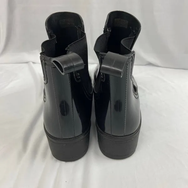 Capelli New York women's black glossy rubber ankle rain boots stretch slip on 11 - Image 3
