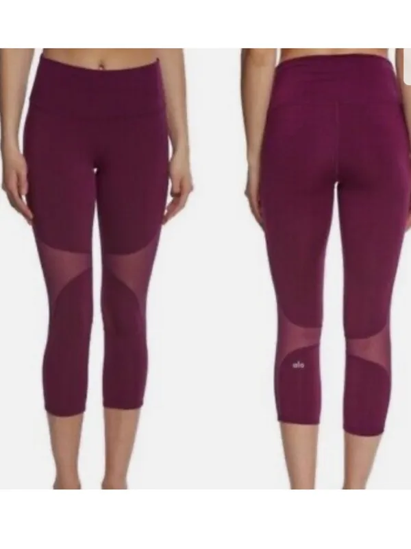 Alo Yoga Burgundy High Waist Mesh Panel Crop Leggings W5475R Size Small - Image 2