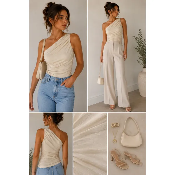 Cream One Shoulder Ruched Top Womens Small Shimmer Stretch Going Out - Image 2