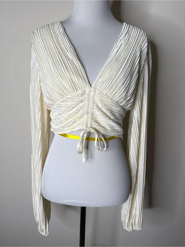 ShowPo Ivory Satin Jondra Ruched Front Long Sleeve Plisse Blouse NWT 4 - Image 2