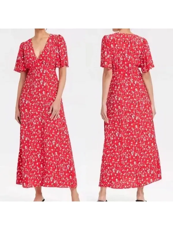 A New Day NWT Women's Short Sleeve Maxi Sundress Red Floral Size 2 - Image 2