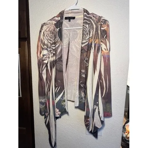 BLEU Floral Rose Print‎ Draped Open Front Waterfall Cardigan Brown Cream Small - Image 2