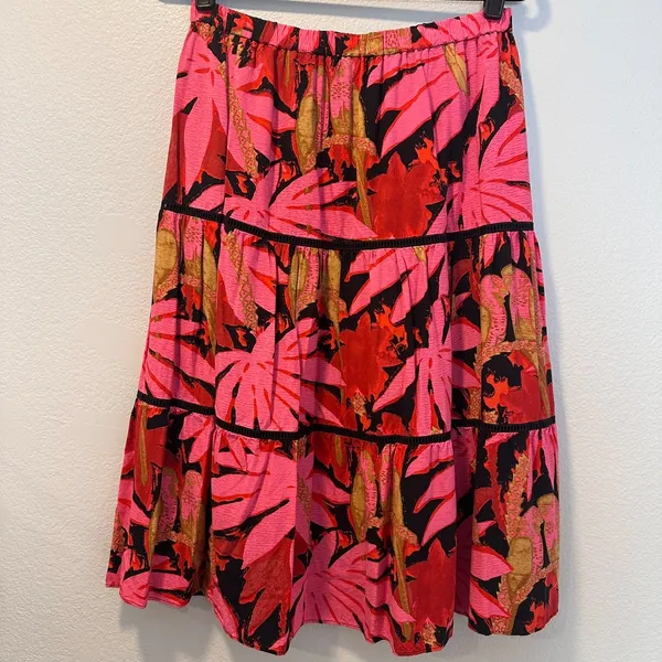 J Crew Size-S-M Tiered Midi‎ Skirt Pink Palm Tropical Print - Image 9