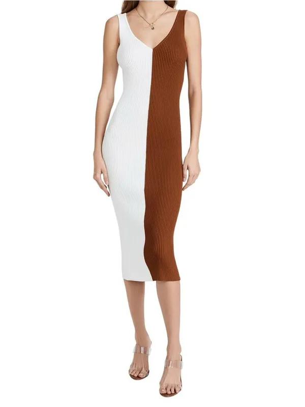Staud Dana Colorblock Midi Sheath Dress in White and Brown - Image 3