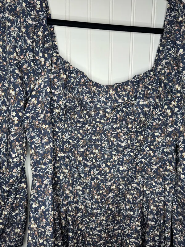 Lush Womens Navy Square Neck Floral Mini Dress Puff Sleeves Elastic Cuff XL - Image 4