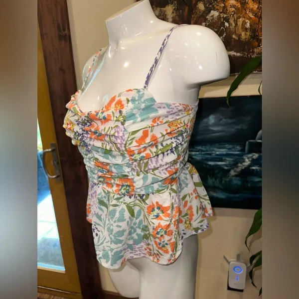 EUC SWEET LEMON Ivory Multicolored Floral Ruched Front Woven Tank SZ S - Image 3
