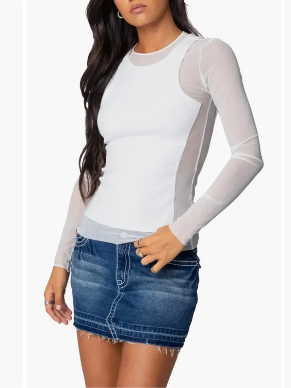 Edikted White Layered Mesh Sheer Ribbed Long Sleeve Top Small - Image 3