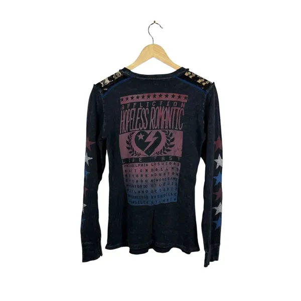 VINTAGE Y2K Affliction Breakdown American Thermal Graphic Top Grey/Blue/Red XS - Image 8