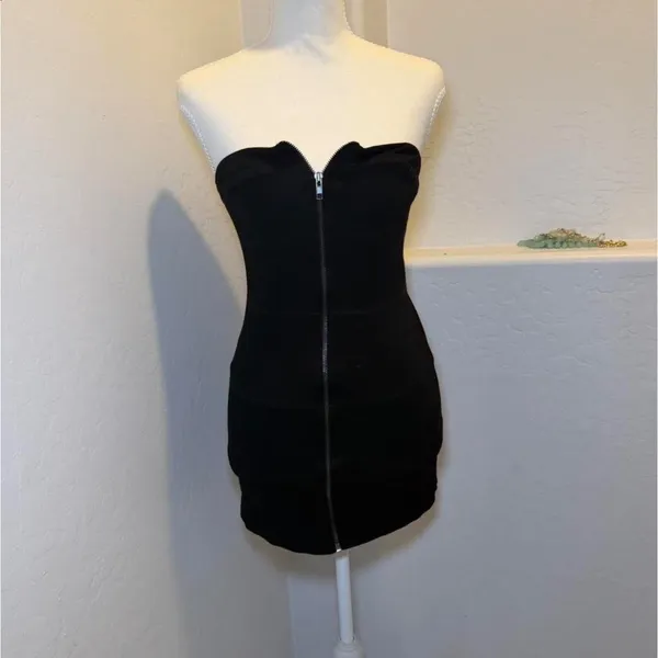 Black Strapless Mini Dress Womens Small Zip Front Bodycon Stretch Tube Dress - Image 4