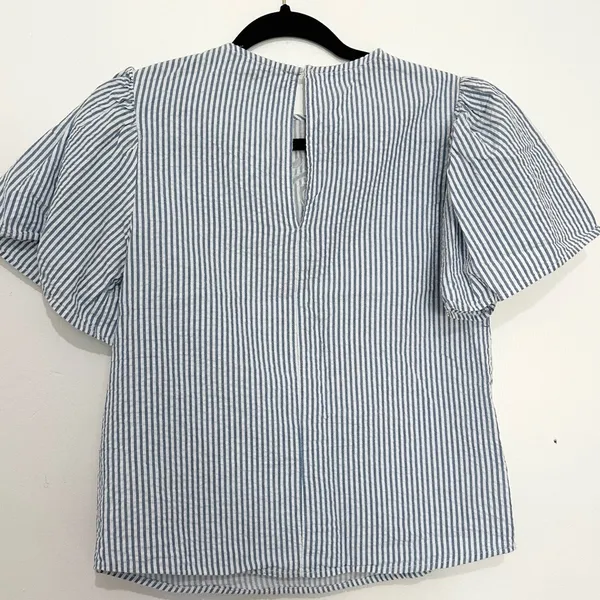 Zara striped blue blouse with lace floral cutout details mesh pin stripe size XS - Image 4