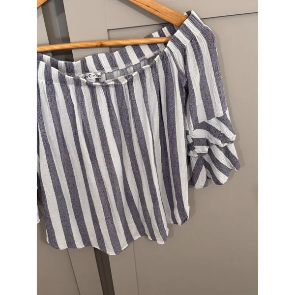 Moa Moa‎ Womens Off The Shoulder Striped Ruffle Sleeve Blouse Navy White Small - Image 3