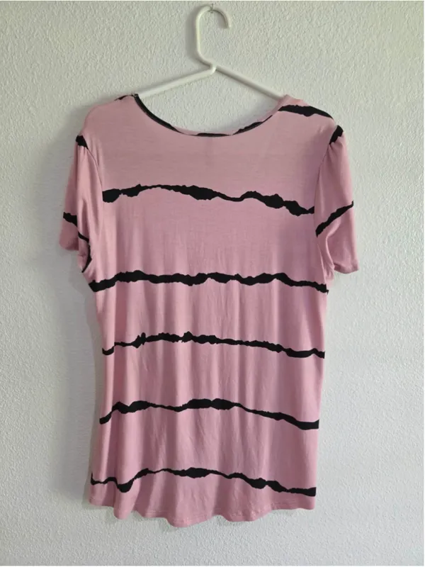 Anymiss XL Pink Black Wavy Stripe Babydoll Tunic Top Short Sleeve - Image 3